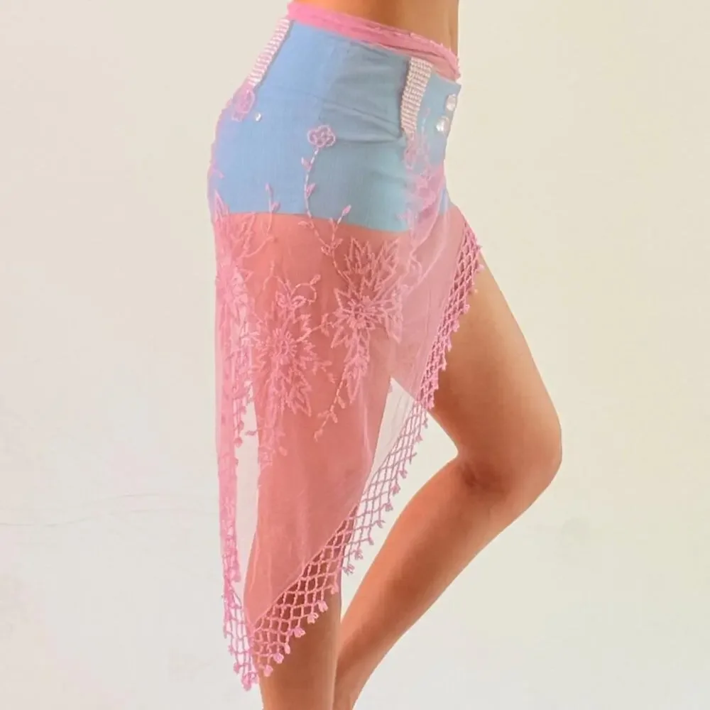 Pink Beaded Mesh Shawl/ Cover Up